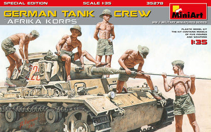Five shirtless WWII German Afrika Korps soldiers maintain a desert tank