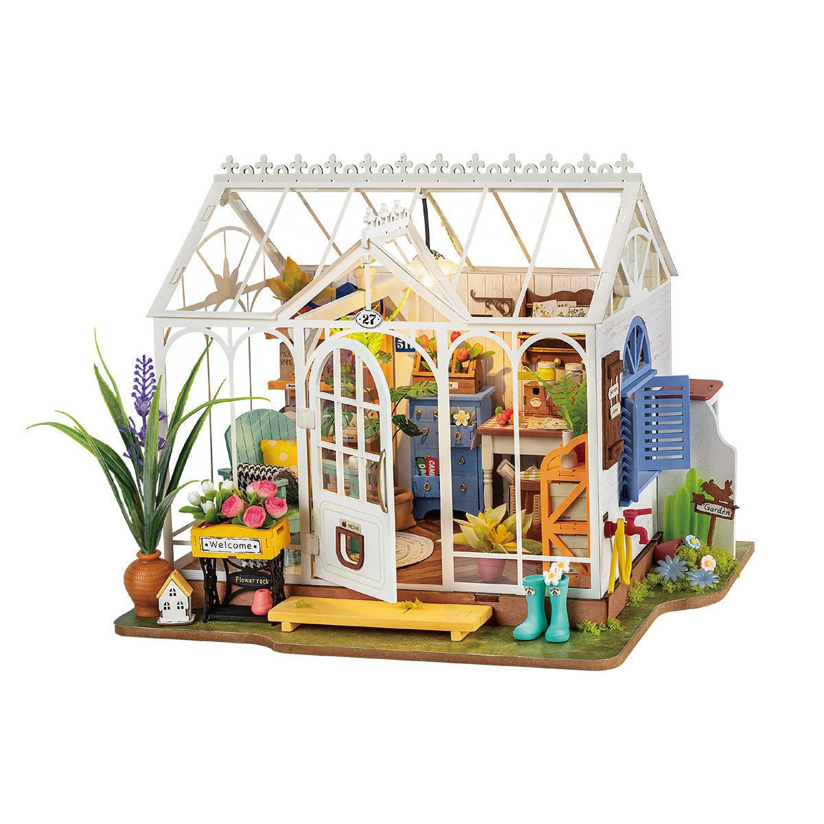 Miniature white greenhouse dollhouse model with detailed interior, plants, and gardening accessories