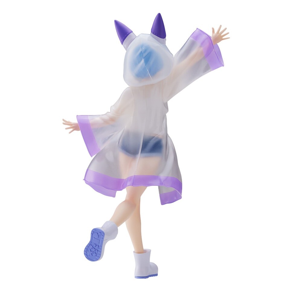 ReZERO Luminasta Rem Day After The Rain figure in a clear raincoat with purple trim and cat ears dark blue shorts visible underneath white rain boots posing with arms raised
