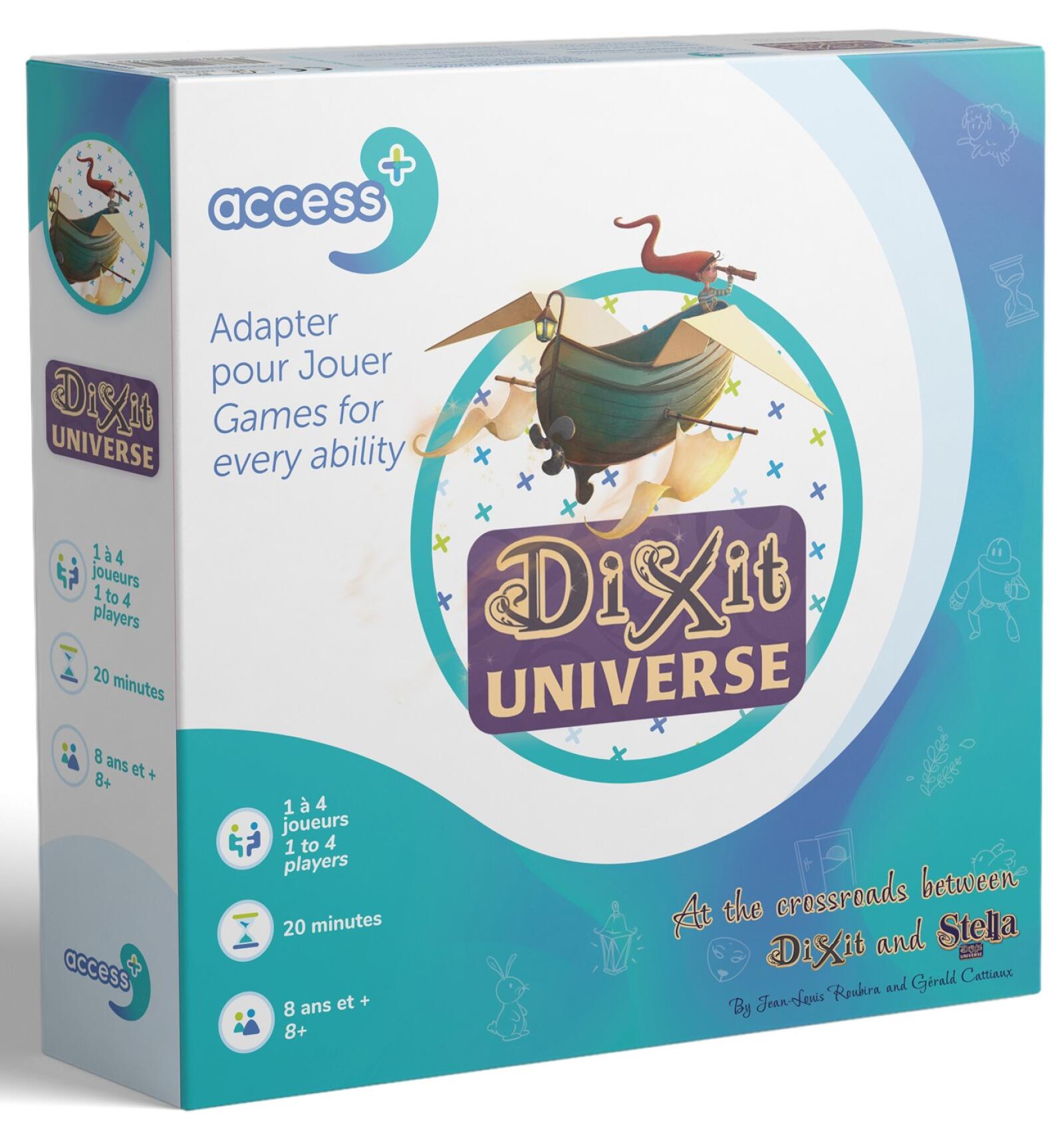 Dixit Universe Access board game box featuring a flying boat player count playtime 20 mins age 8 and Games for every ability