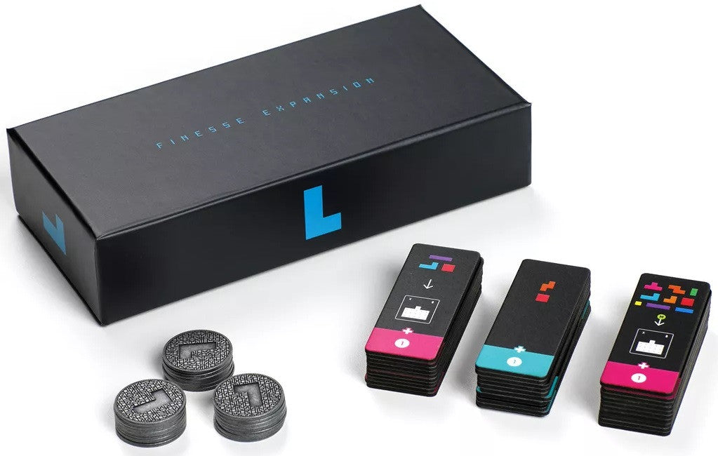 Black box with blue 'L' logo and 'FINESSE EXPANSION' text alongside three stacks of cards and three silver metal tokens game accessories
