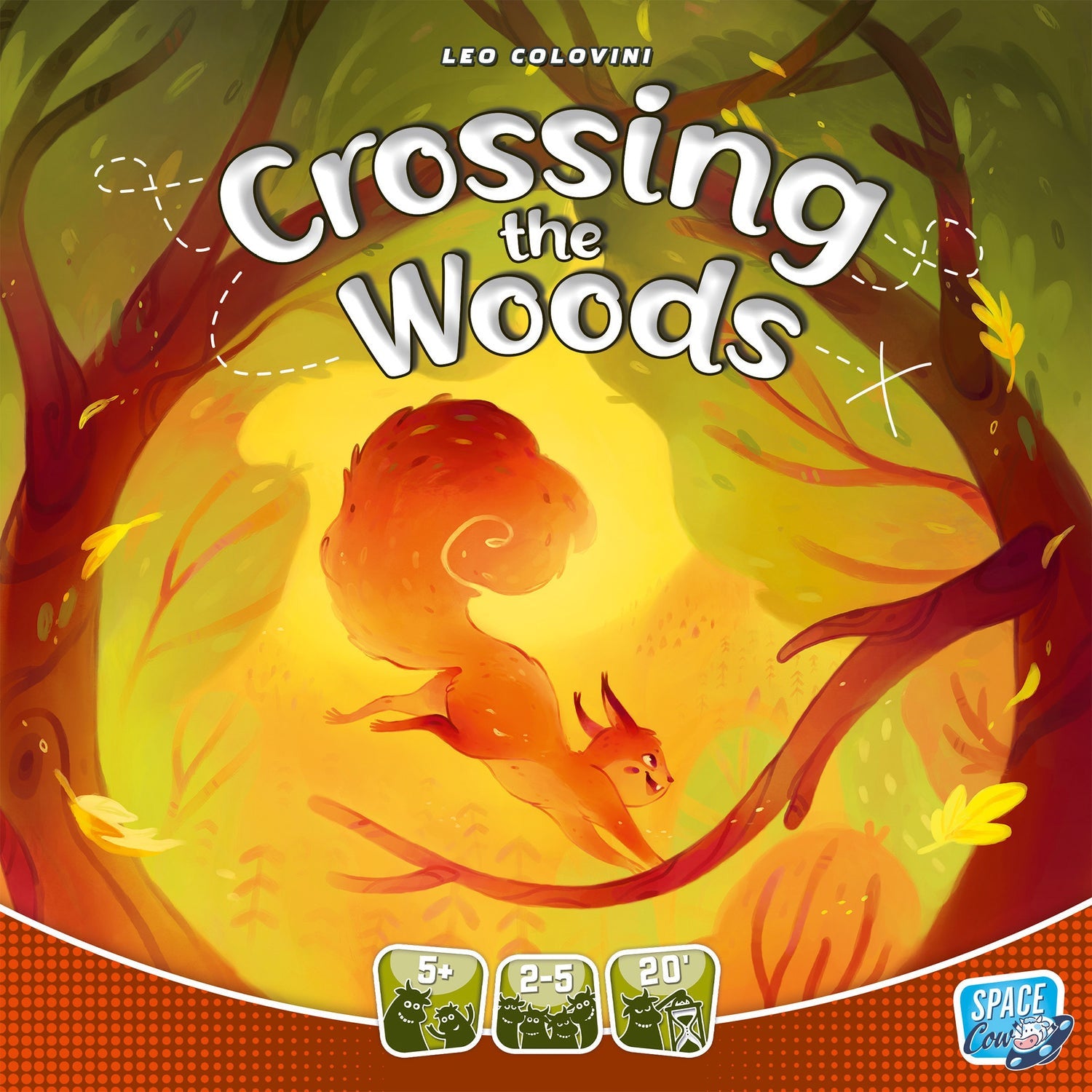 Space Cow Crossing the Woods board game box art featuring a cartoon squirrel jumping through an autumn forest