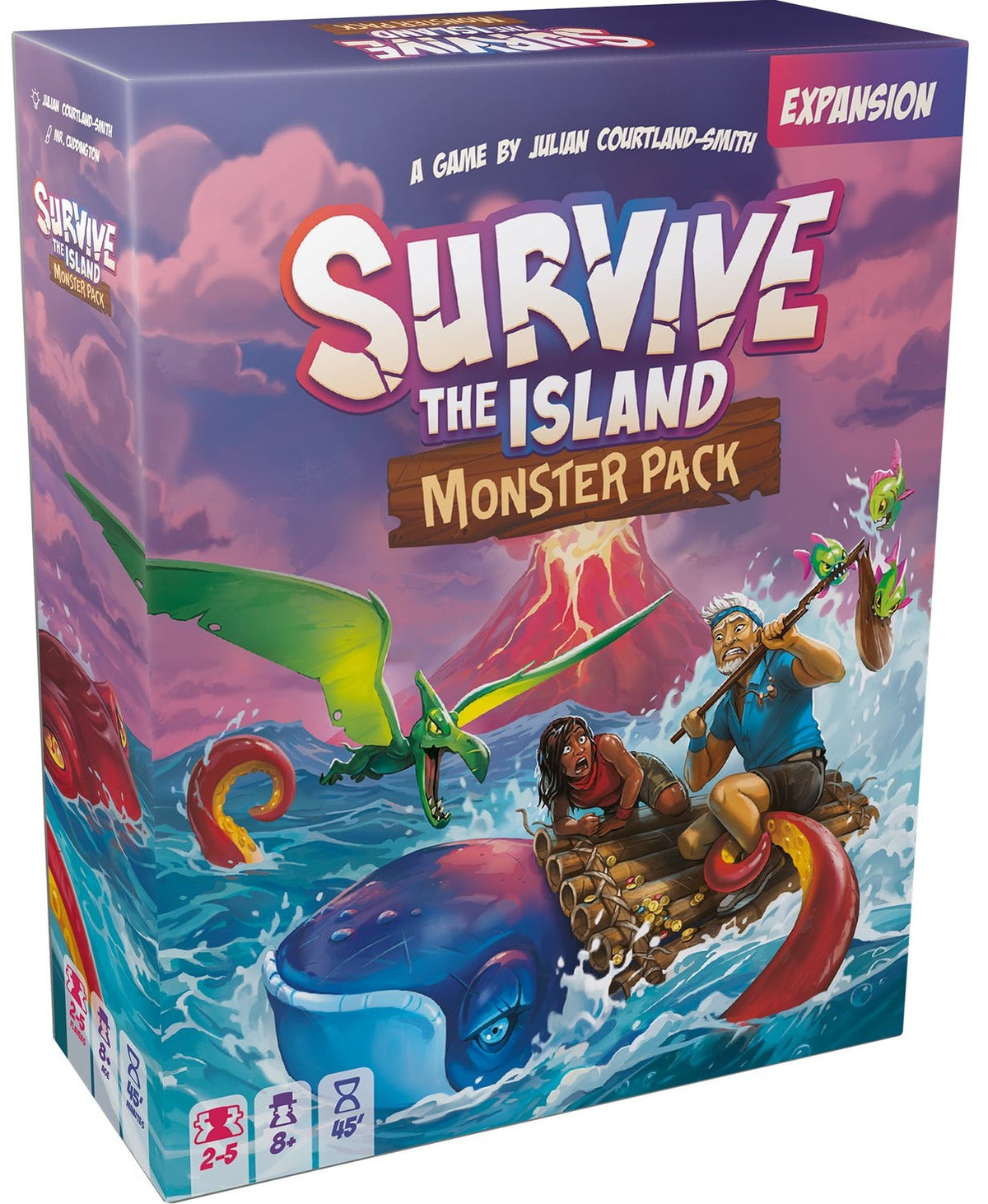 Survive The Island Monster Pack expansion game box with illustrated scene of raft with people whale octopus and pterodactyl