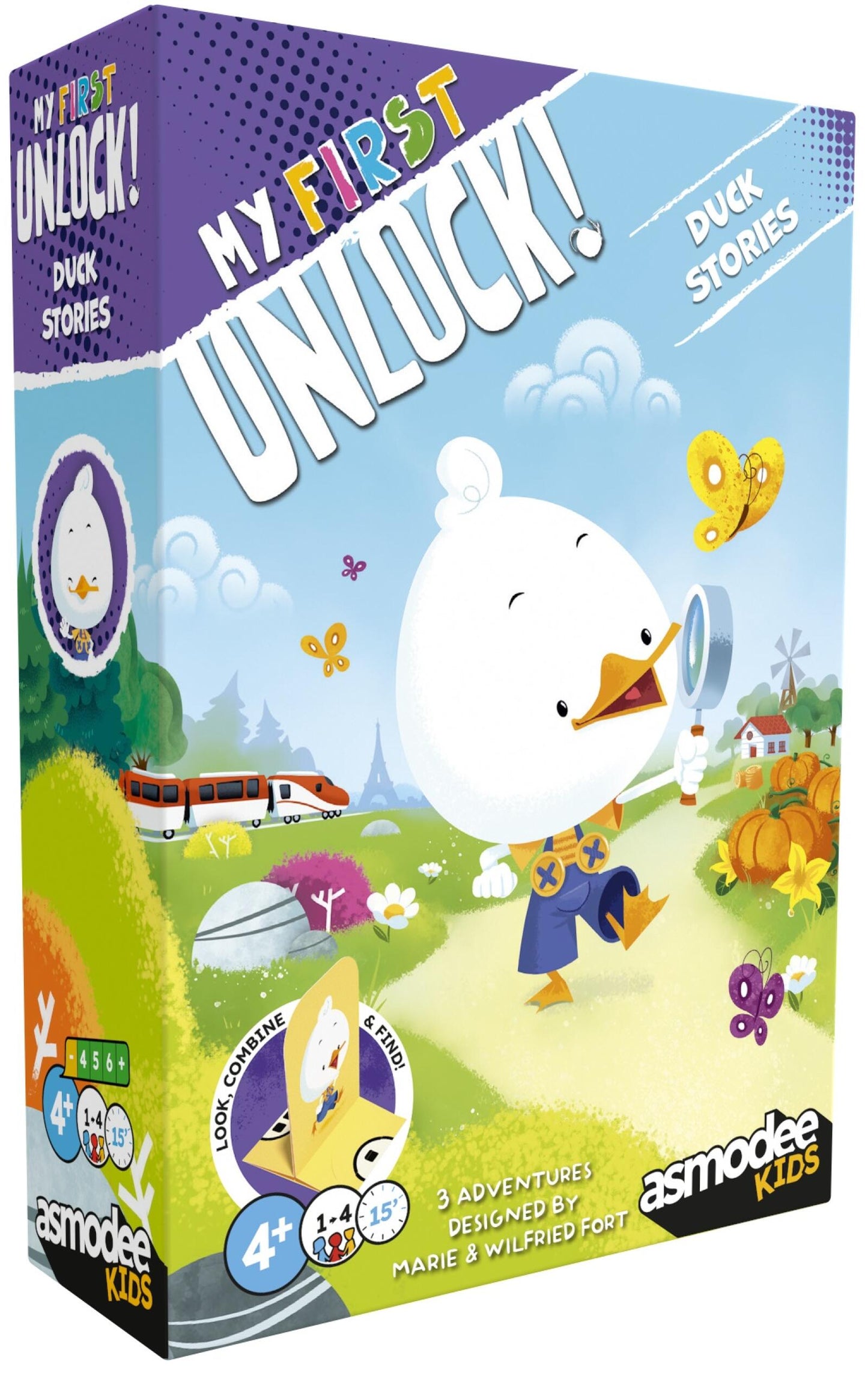 My First Unlock! Duck Stories game box: A cartoon duck in overalls holds a magnifying glass, exploring a vibrant landscape with a train