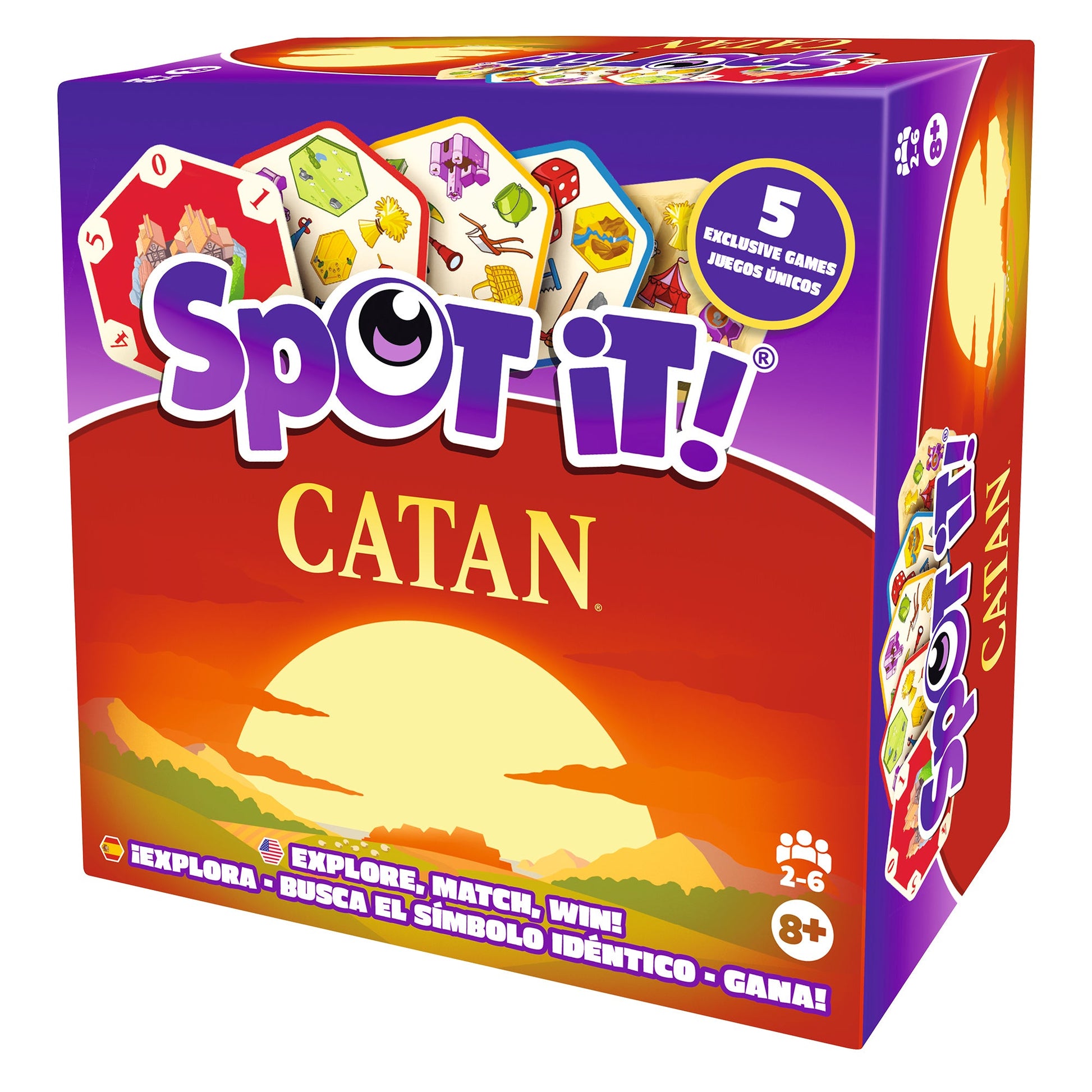 The Spot It Catan card game box shows Catan-themed resource cards displayed over a dramatic red and yellow sunset background, promoting five exclusive games and ages eight plus