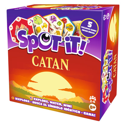 The Spot It Catan card game box shows Catan-themed resource cards displayed over a dramatic red and yellow sunset background, promoting five exclusive games and ages eight plus