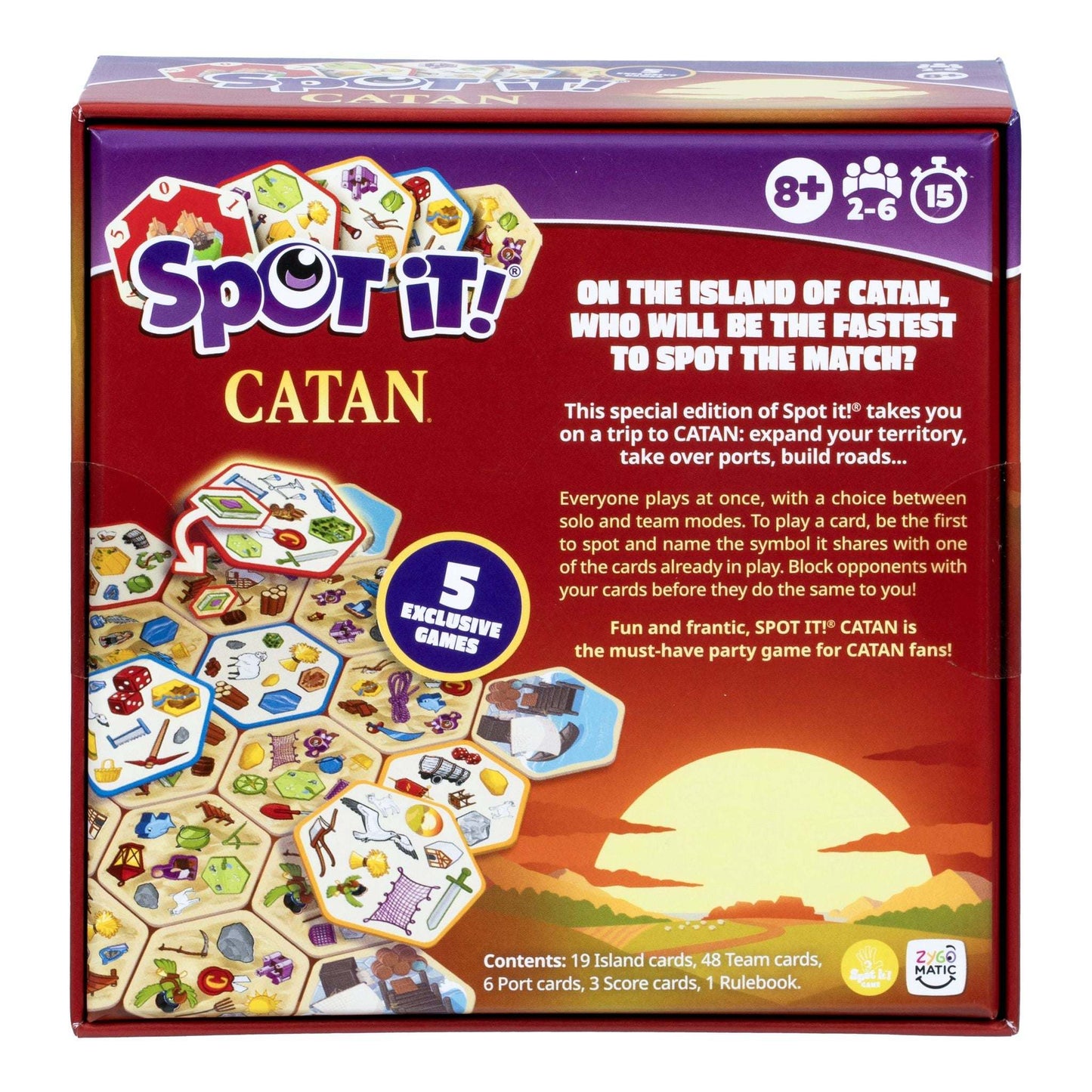 The bright red and purple Spot It Catan game box features game instructions, an 8 plus age rating, and several images of the uniquely themed hexagonal island cards