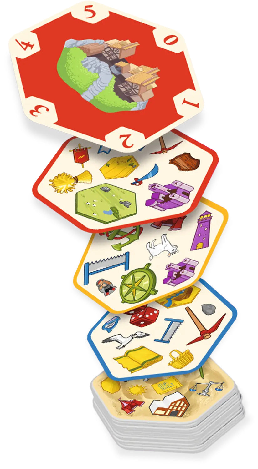 Staggered view of hexagonal Spot It Catan cards displaying resource images, settlements, and unique icons like dice and knights