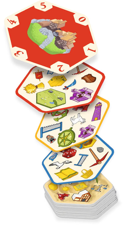 Staggered view of hexagonal Spot It Catan cards displaying resource images, settlements, and unique icons like dice and knights