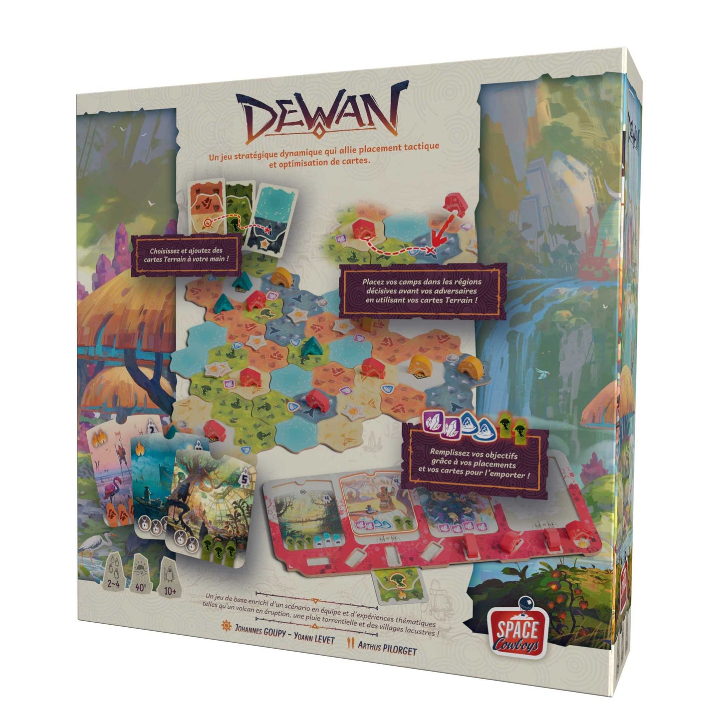 Dewan strategic board game box featuring a hexagonal terrain map, colourful wooden tokens, and detailed French instructions for tactical card placement