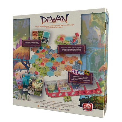 Dewan strategic board game box featuring a hexagonal terrain map, colourful wooden tokens, and detailed French instructions for tactical card placement