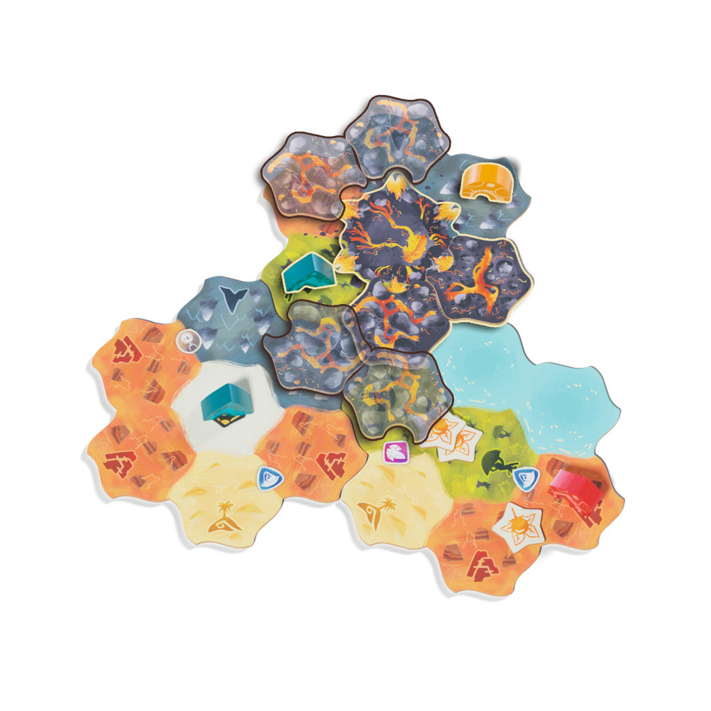 Display of interlocking hexagonal game tiles depicting volcanic islands desert terrain and water with blue and yellow resource markers