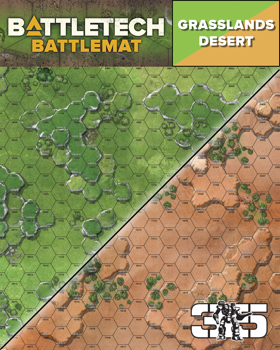 BattleTech battlemat: A hexagonal map, diagonally split, showing green grasslands and brown desert terrains. BattleMech logo