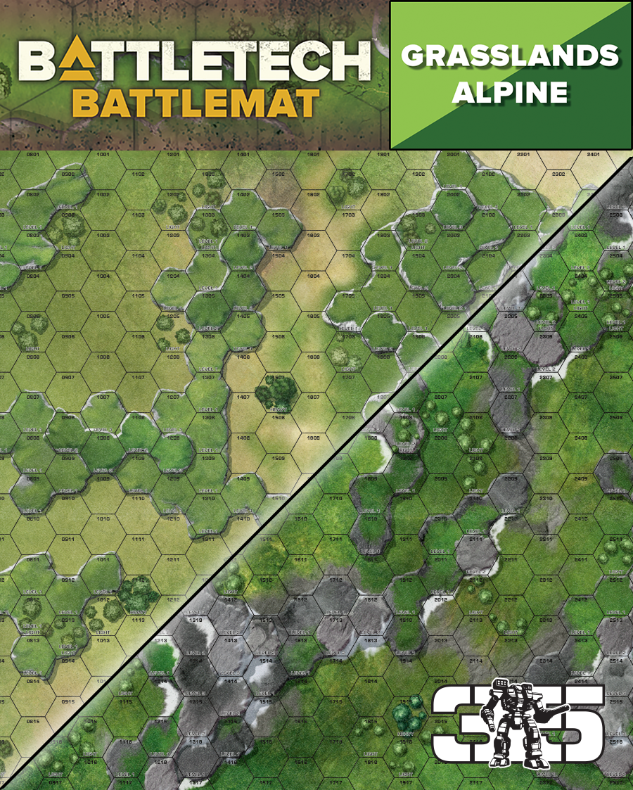 Battletech Battlemat with a hexagonal grid, diagonally split into Grasslands (green) and Alpine (grey rocky) terrains