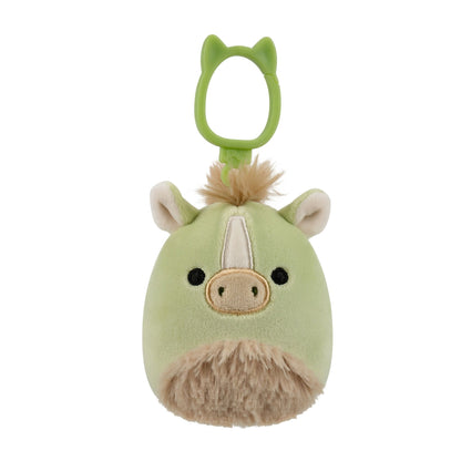 Light green plush pony keychain with a fluffy brown mane, black eyes, and a brown snout, attached to a green clip