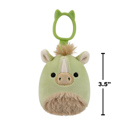 3.5-inch light green plush horse clip-on with brown mane and snout