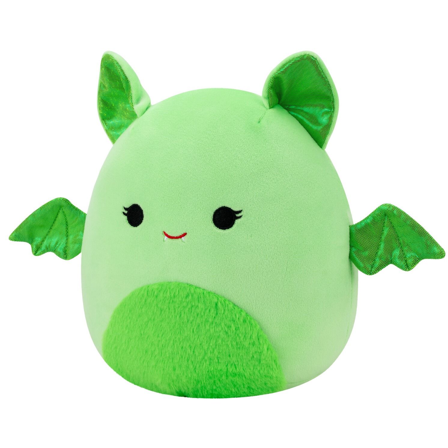 A light green Squishmallow plush toy with black eyes, a red smile, sparkly green ears, wings, and a fuzzy belly