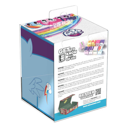 A My Little Pony themed Squaroes box with Rainbow Dash on top, displaying product information and an image of a green storage box