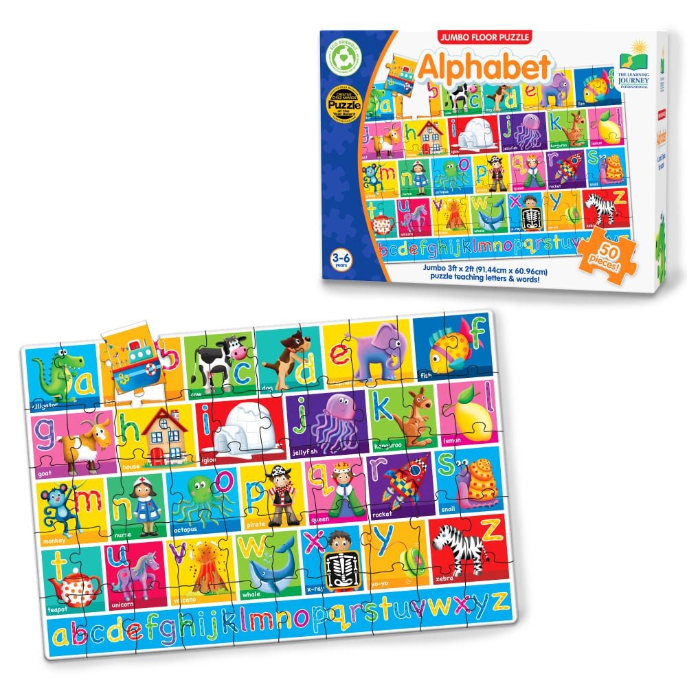 Jumbo 50-piece alphabet floor puzzle (A-Z) with colourful illustrations, like alligator and zebra, displayed next to the educational product box