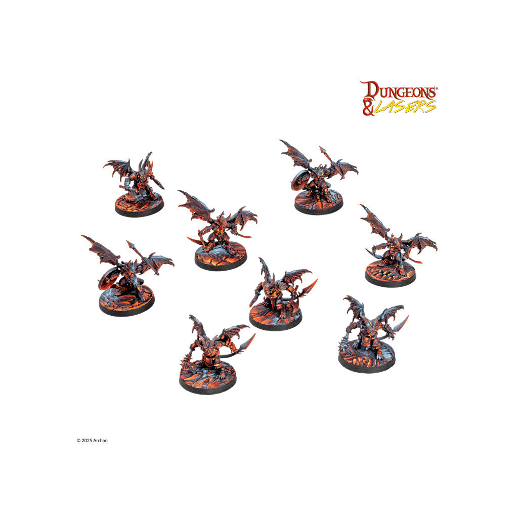 Eight winged imp or minor devil miniatures painted dark orange and black on lava bases