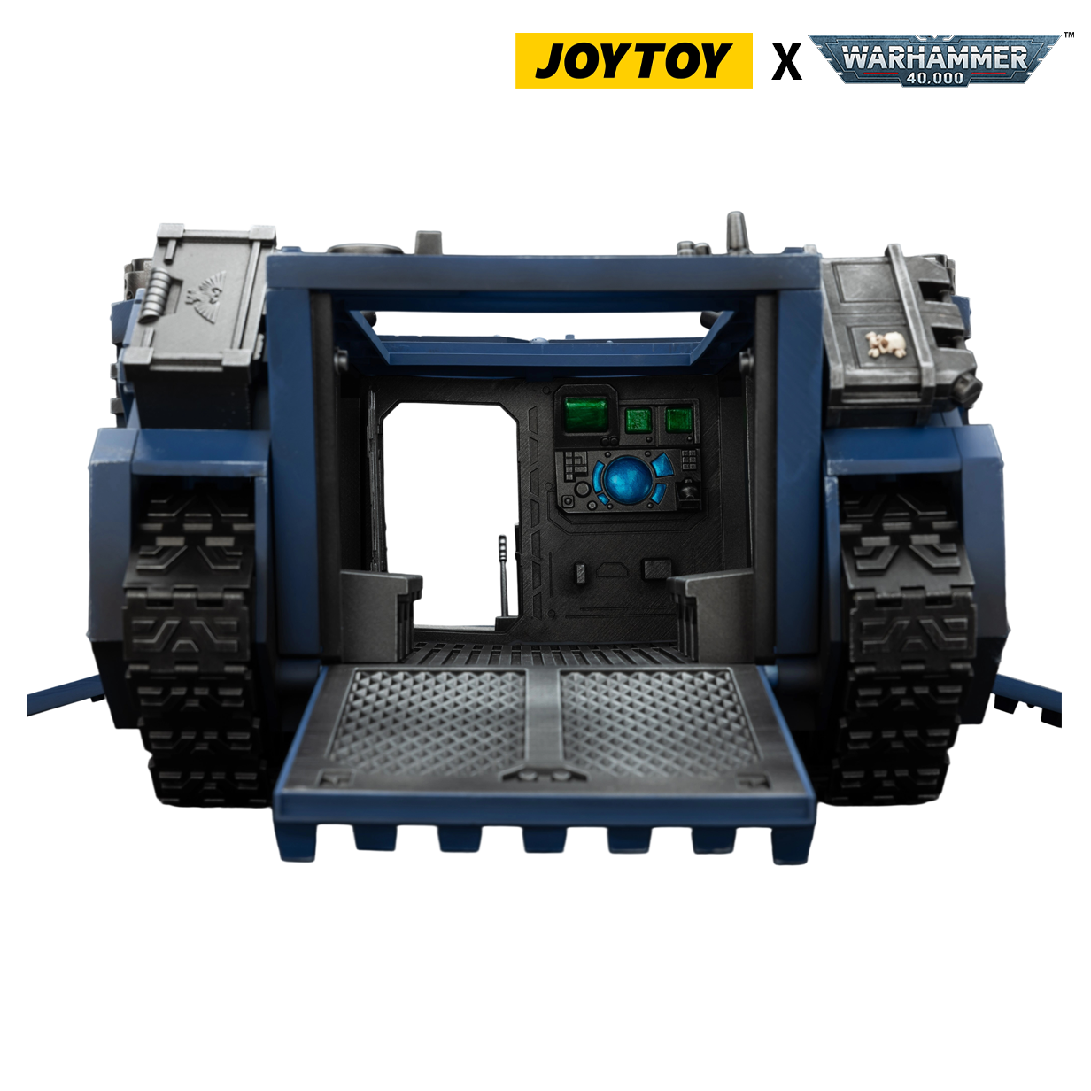 Warhammer 40K blue armored transport model with its rear ramp lowered, exposing the detailed interior