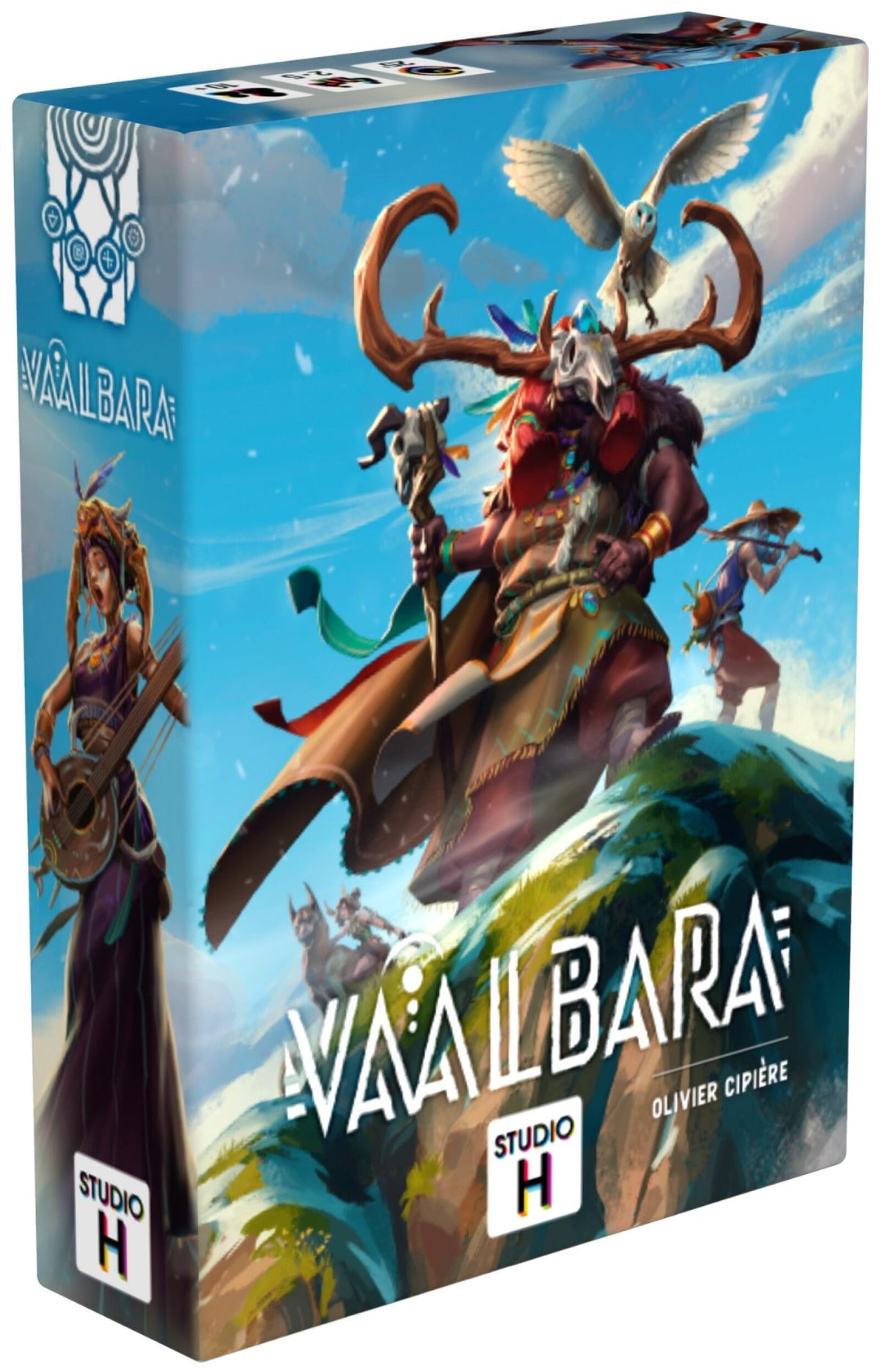 Vaalbara board game box art featuring tribal characters and an owl flying above a rocky landscape