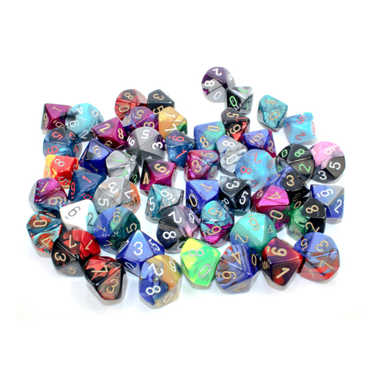 Colorful polyhedral dice with visible numbers and swirled patterns scattered on a white background
