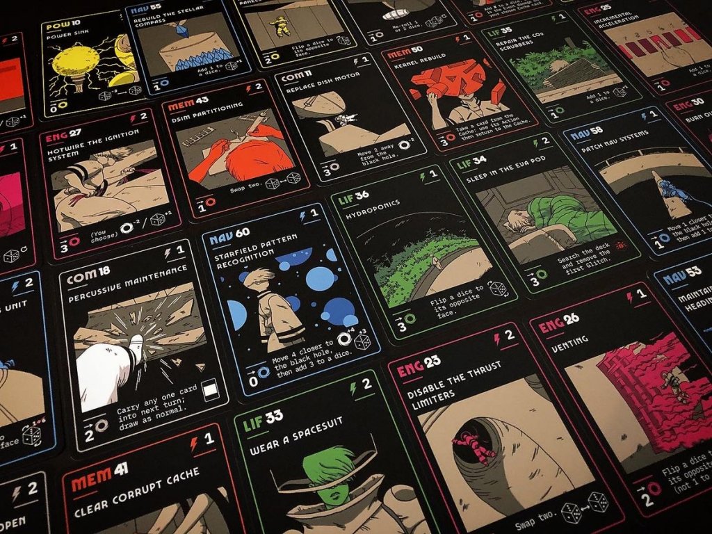 An array of black-bordered sci-fi themed game cards with colorful, cartoonish illustrations and text