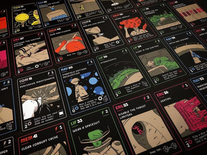 An array of black-bordered sci-fi themed game cards with colorful, cartoonish illustrations and text