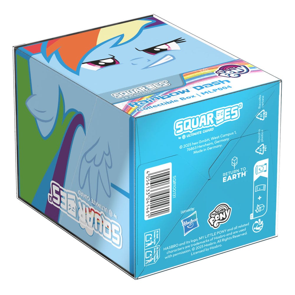 A blue SquarOes collectible box depicting an angry My Little Pony character, Rainbow Dash, on its lid and side with text and a barcode
