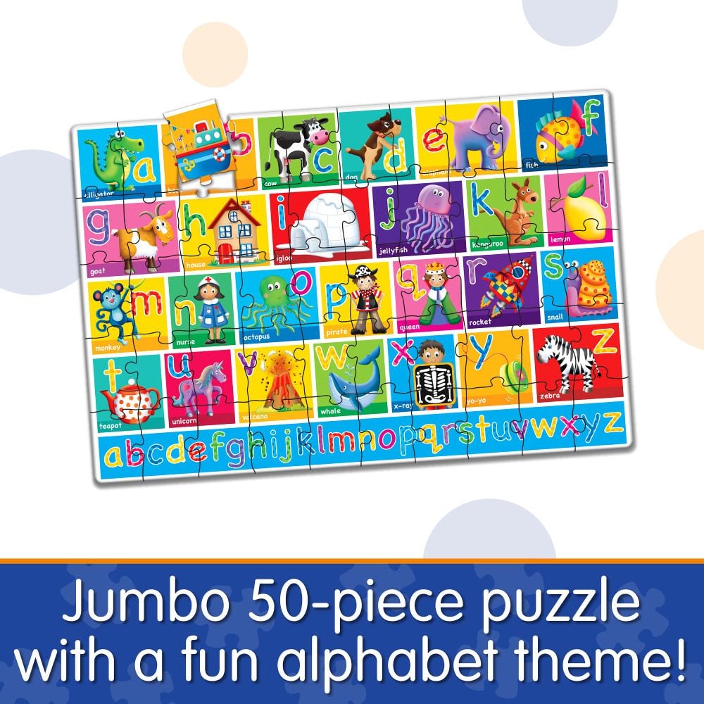 Colourful 50-piece jumbo alphabet puzzle (A-Z) with educational illustrations, including alligator, cow, and zebra