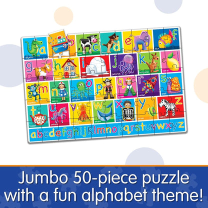 Colourful 50-piece jumbo alphabet puzzle (A-Z) with educational illustrations, including alligator, cow, and zebra