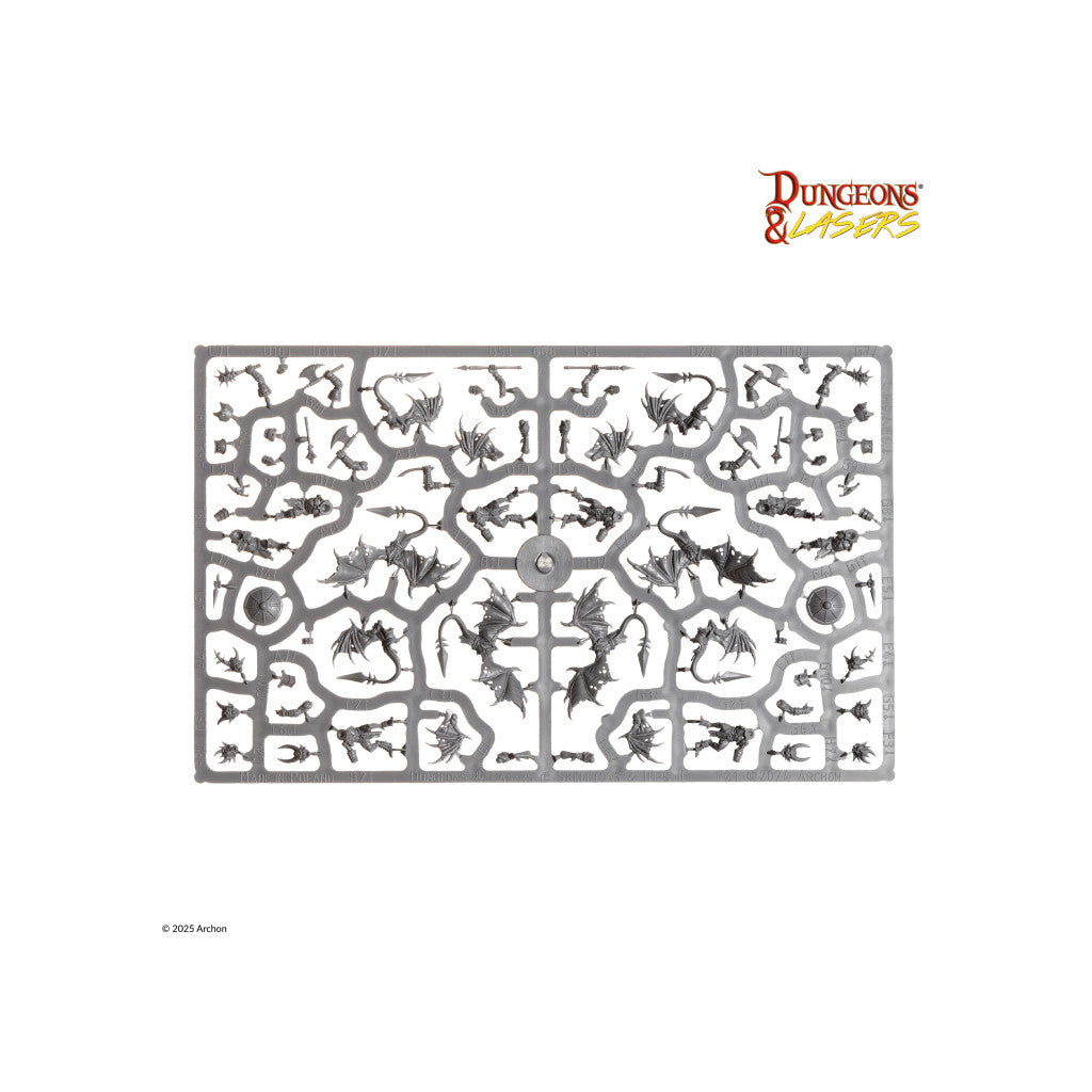 Unpainted sprue for Dungeons & Lasers, containing parts for assembling multiple winged imp or demon miniatures
