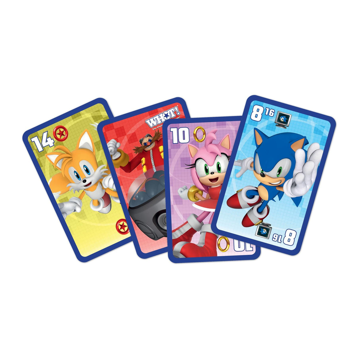 Four Sonic the Hedgehog-themed playing cards: Tails, Dr. Eggman, Amy Rose, and Sonic