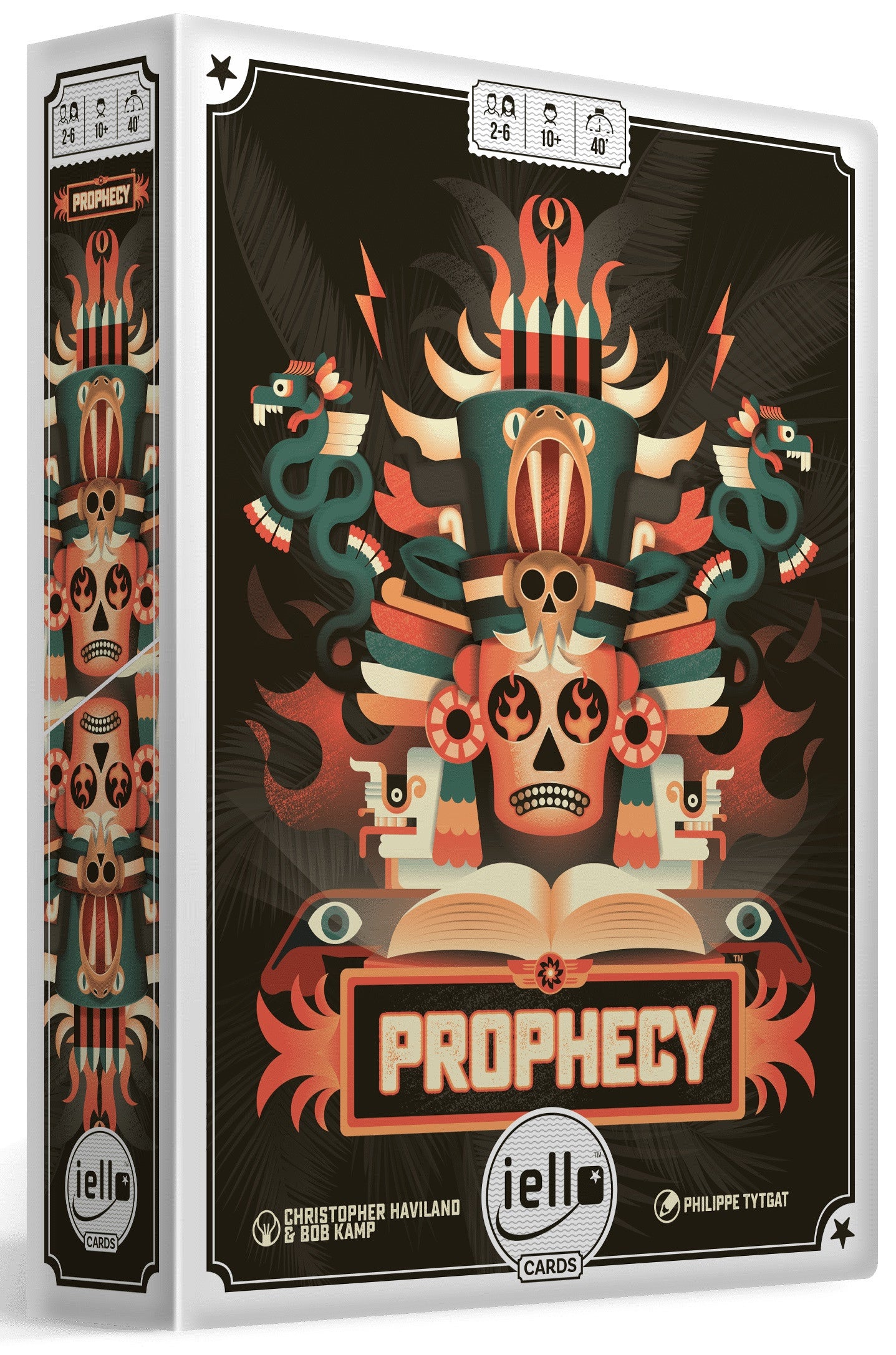 Prophecy card game box featuring tribal art with skull motifs snakes and flames