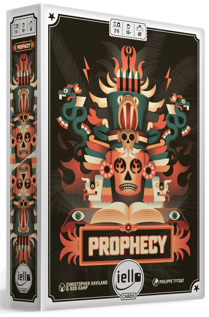 Prophecy card game box featuring tribal art with skull motifs snakes and flames