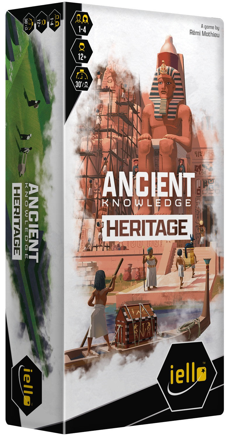 Ancient Knowledge Heritage board game box features detailed Egyptian scenes including statues under construction and river transport for 1-4 players ages 12 30 min play time