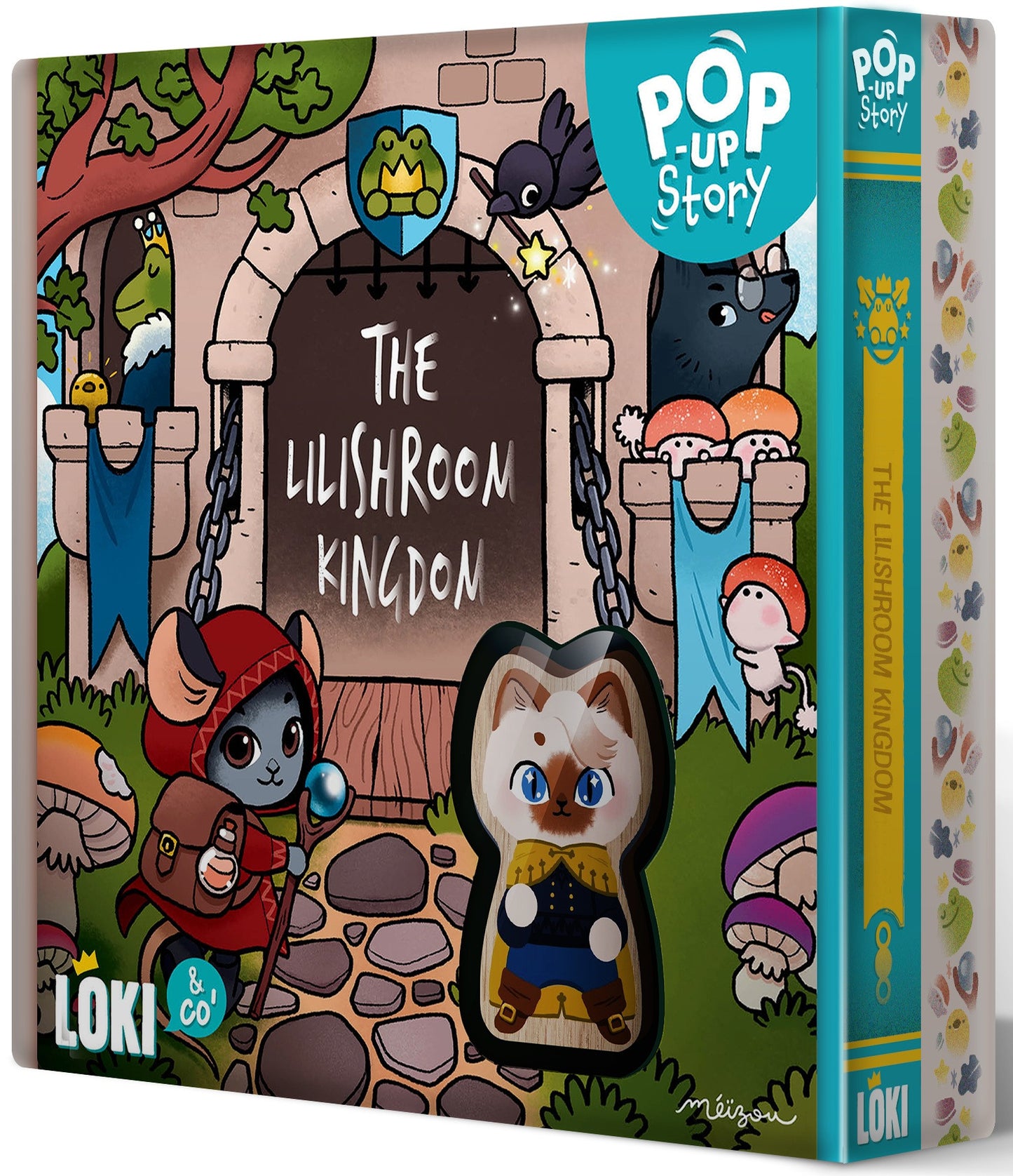 Colorful pop-up book cover for 'The Lilishroom Kingdom.' A hooded mouse adventurer approaches a cutout cat figure at a castle gate
