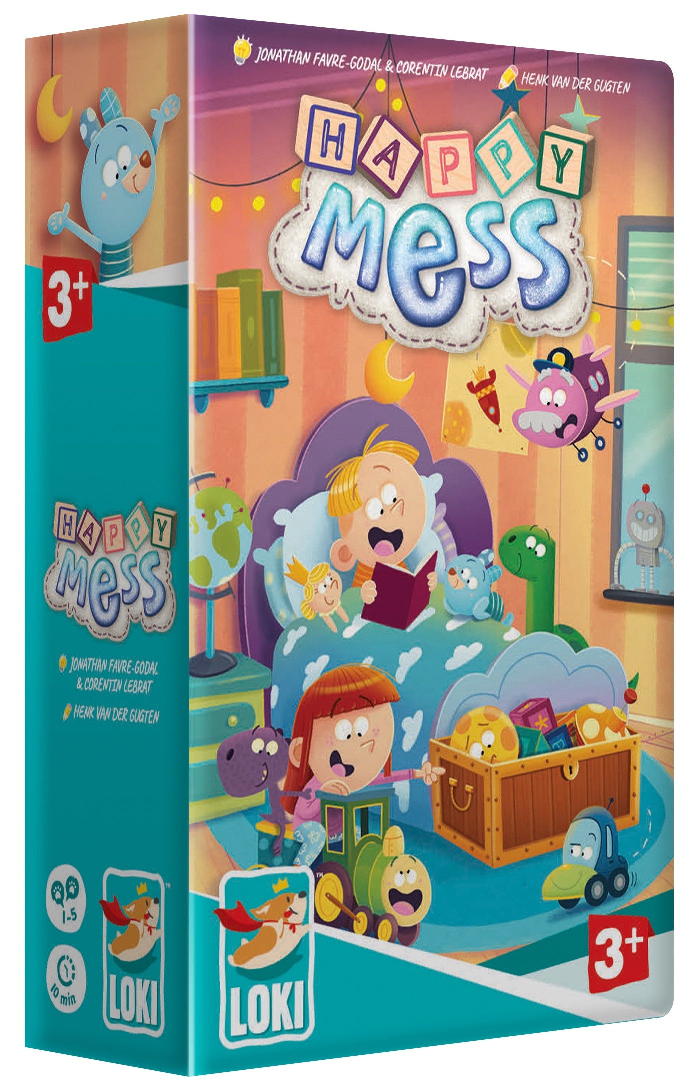 Happy Mess board game box featuring cartoon children playing in a colorful, toy-filled bedroom.