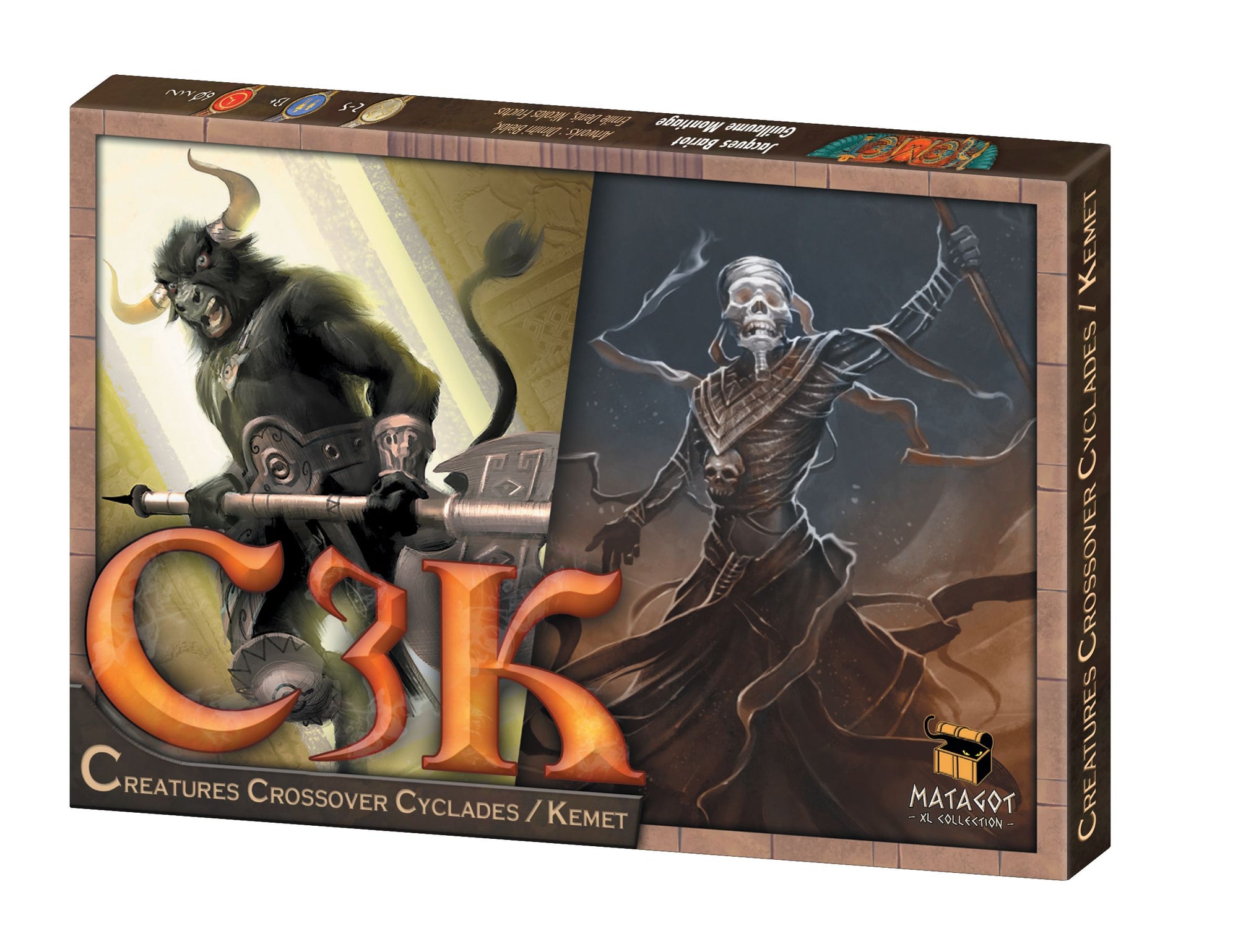 C3K board game box art features a fierce minotaur and a skeletal figure