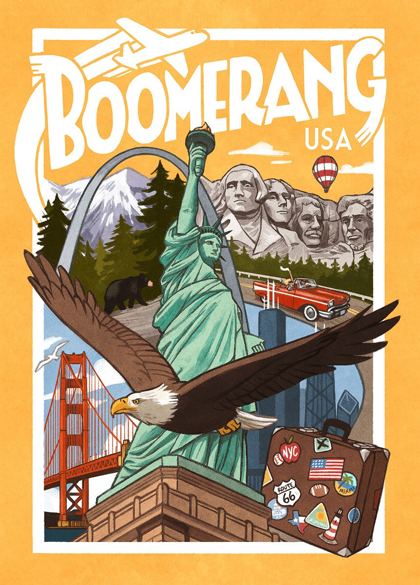 Illustrative travel poster showcasing American landmarks including the Statue of Liberty Mount Rushmore Golden Gate Bridge St Louis Arch and a vintage car with luggage