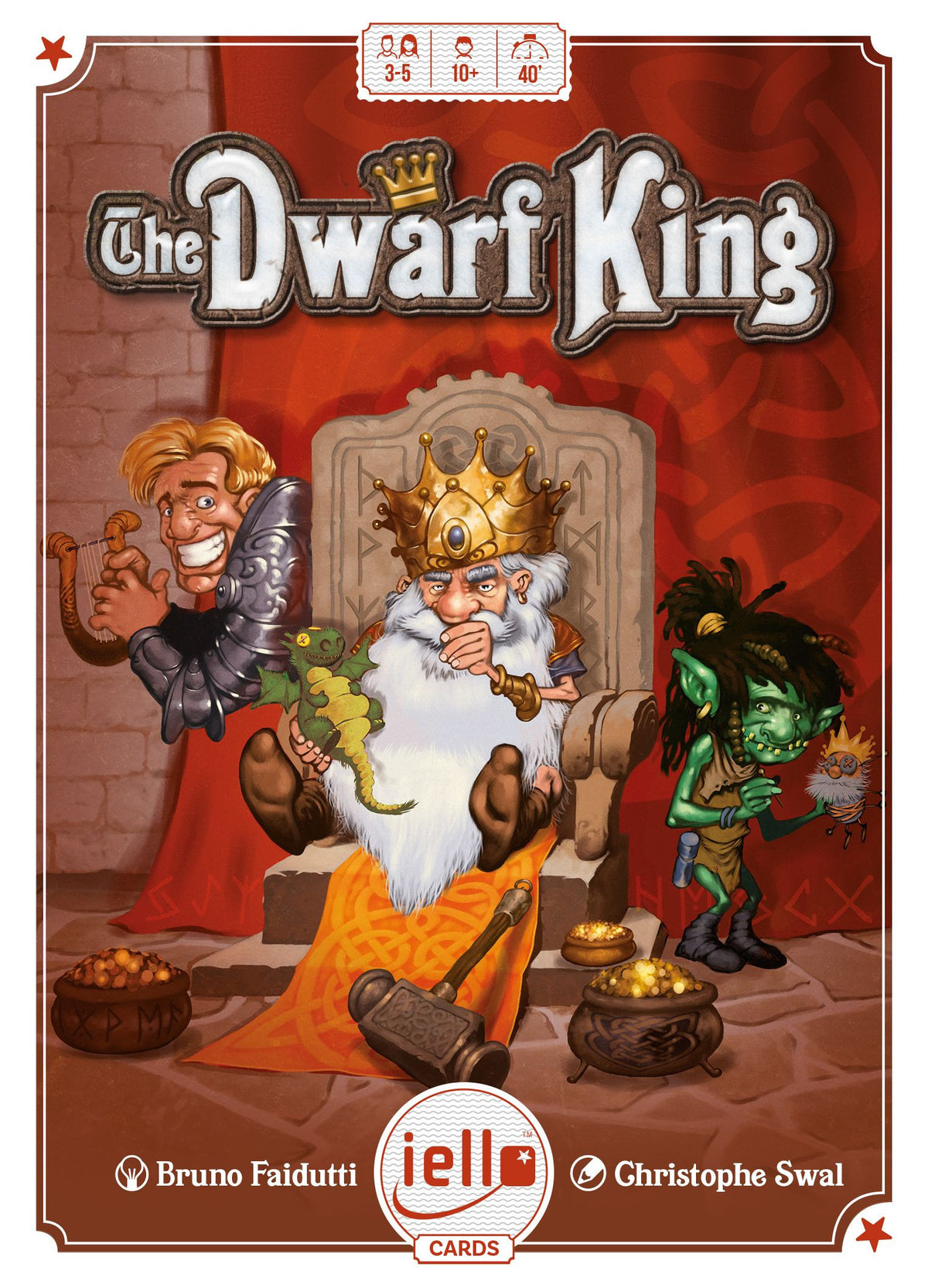 Cover art for The Dwarf King card game showing a dwarf king a minstrel and a goblin with treasure