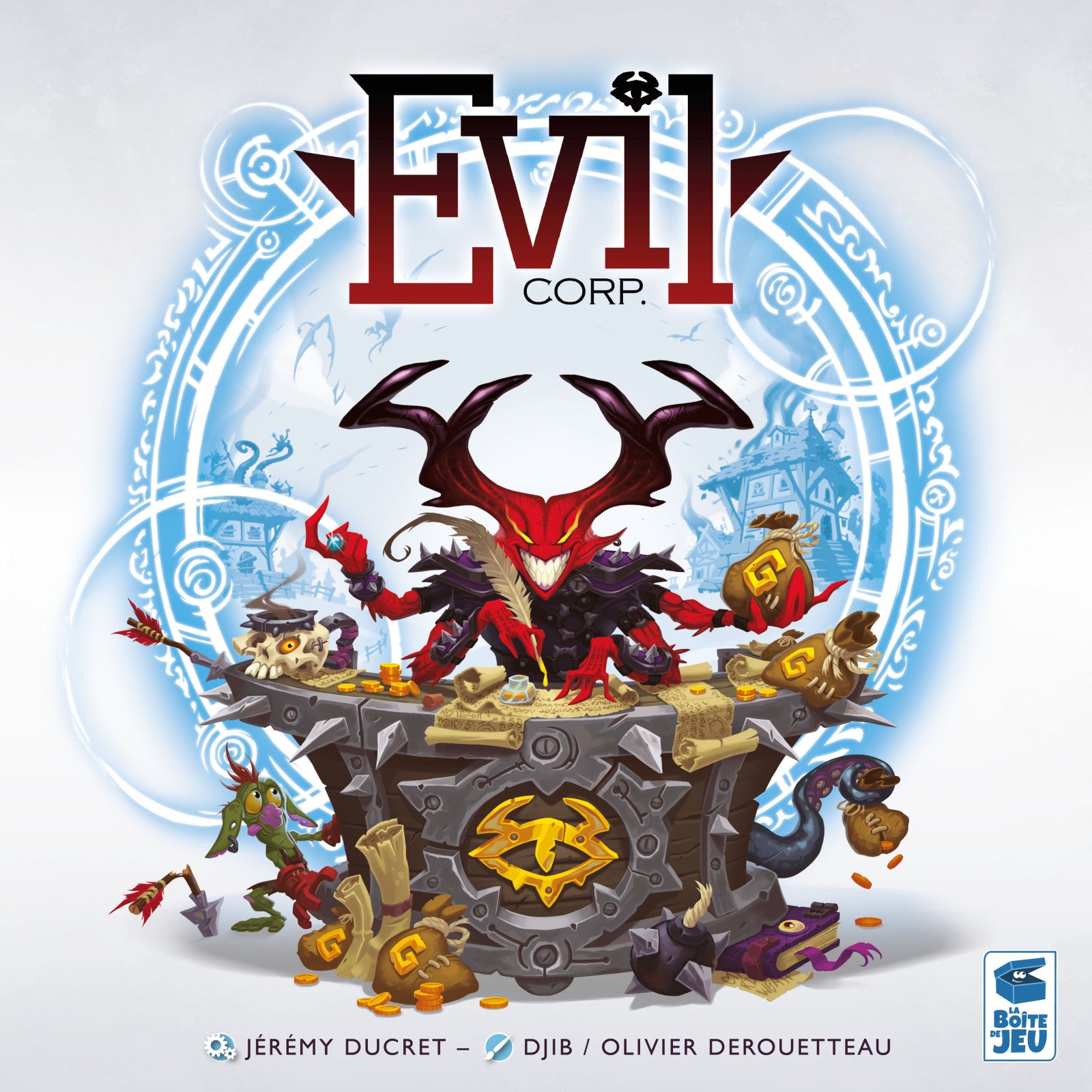 Evil Corp board game box featuring a demon over a treasure chest filled with gold coins and scrolls surrounded by fantasy creatures
