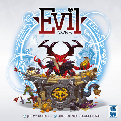 Evil Corp board game box featuring a demon over a treasure chest filled with gold coins and scrolls surrounded by fantasy creatures
