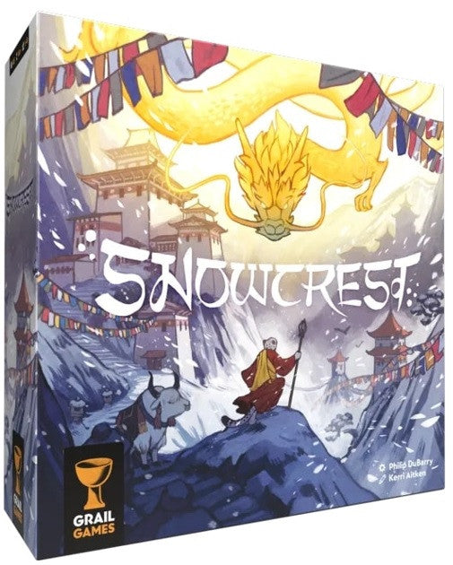Snowcrest board game box featuring a golden dragon mountains and a person with a yak