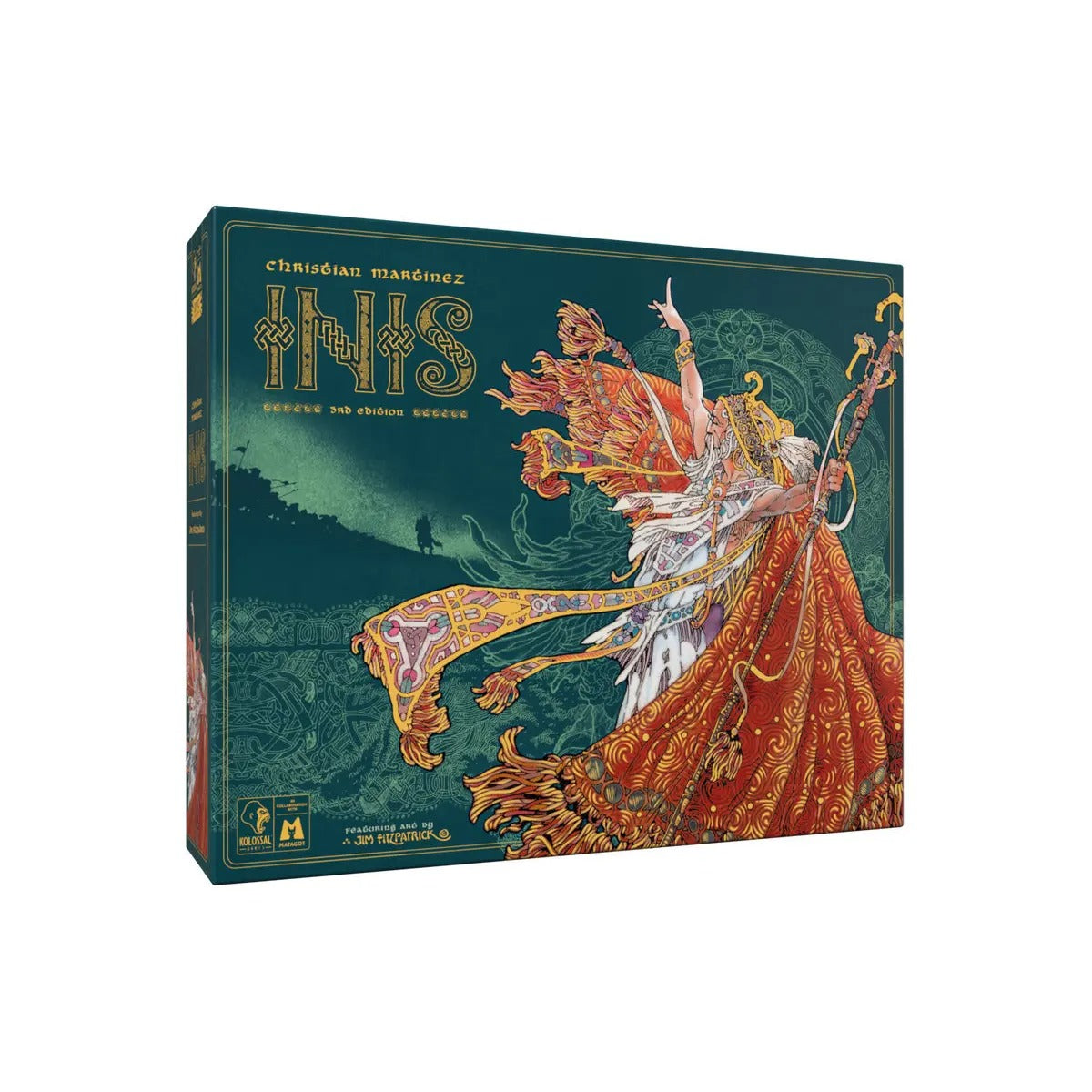 Inis Second Edition board game box art, teal cover features elaborate illustration of a robed Celtic figure holding a staff
