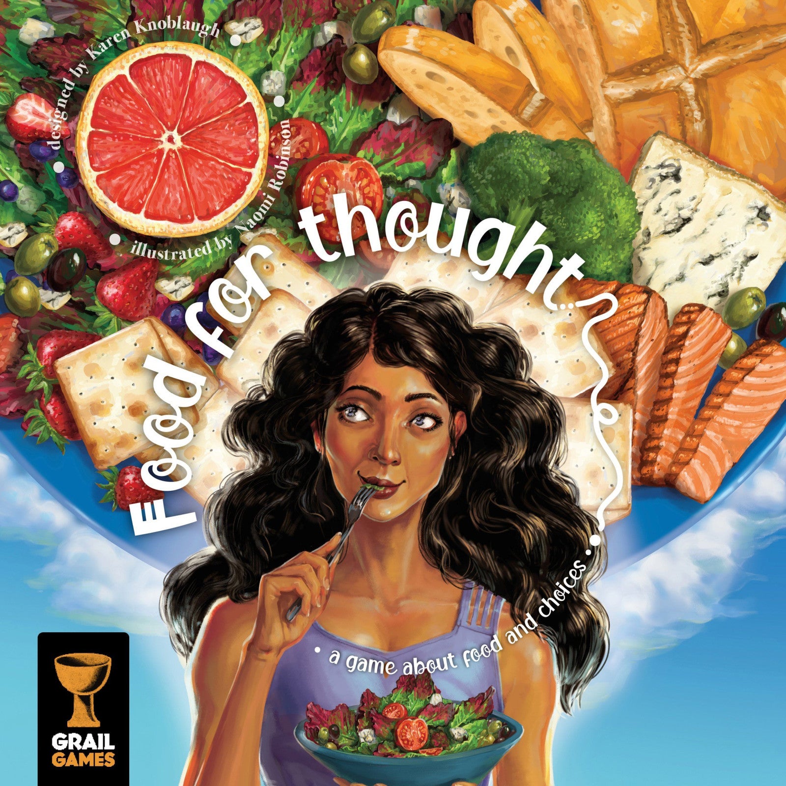Cover art for the board game Food for Thought featuring a diverse spread of dishes and a woman considering a bite of salad
