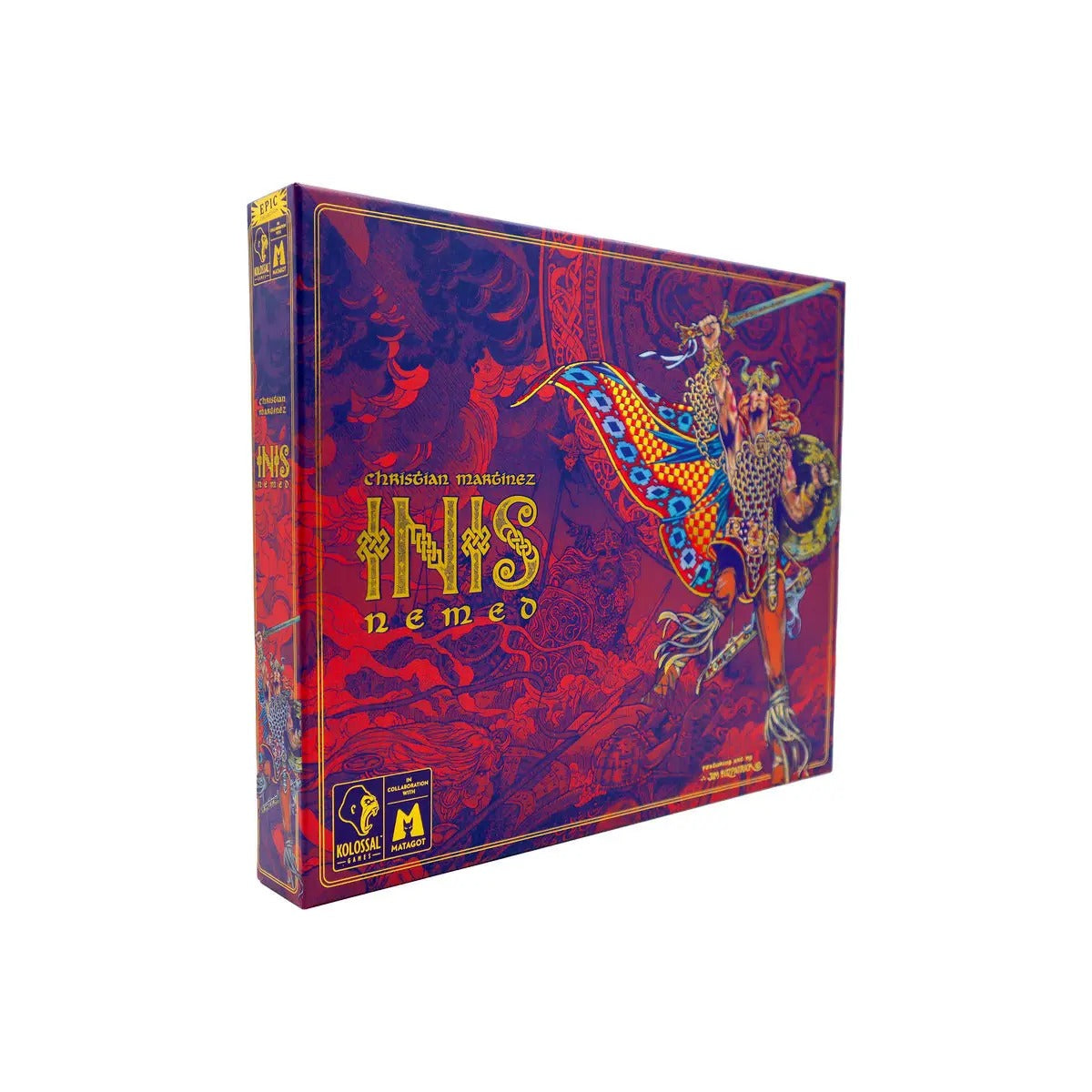 Red and purple Inis Nemed board game box art, depicting a Celtic warrior with a raised sword and shield