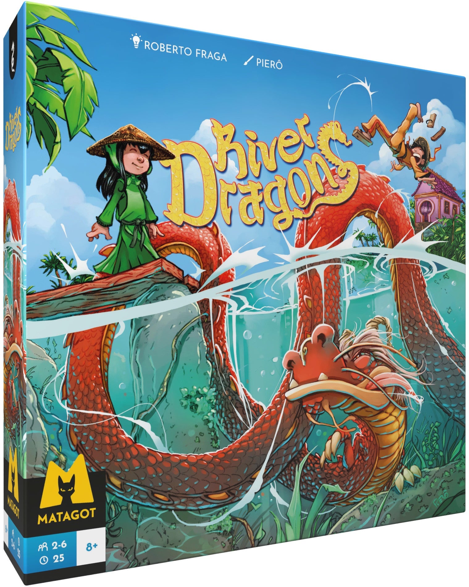 Matagot River Dragons board game box featuring players on a red dragon in water