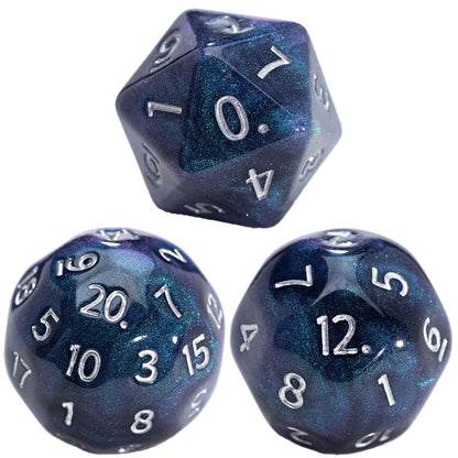 Three galaxy-patterned D20 dice, dark blue-purple with silver numbers